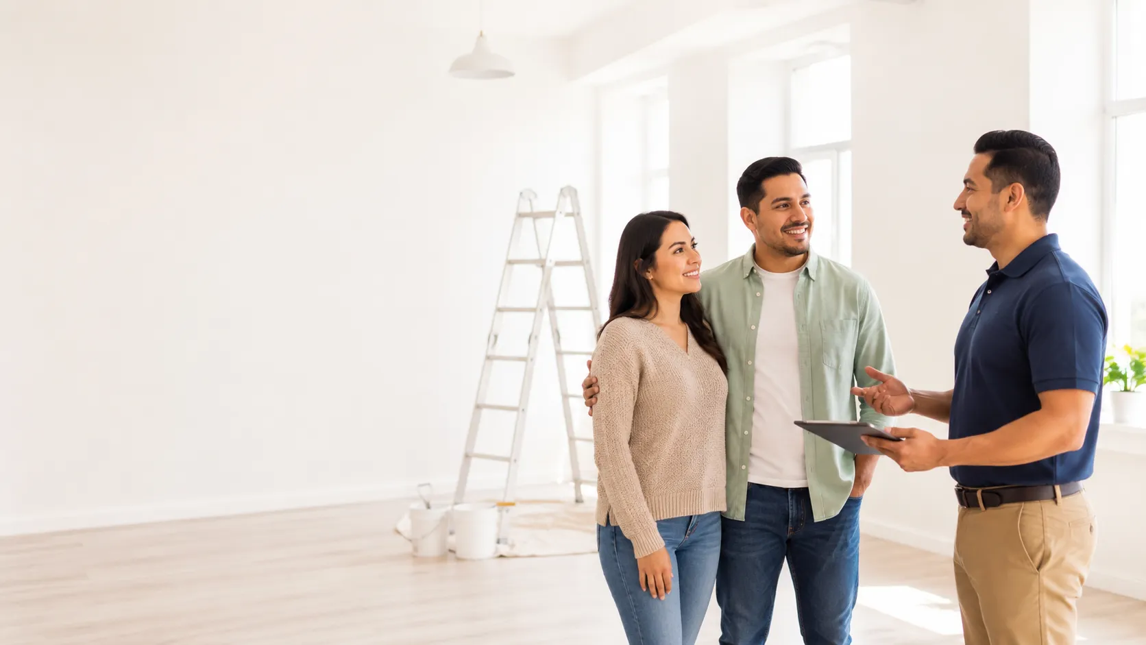 Hispanic couple speaking with a painting contractor during an in-home consultation in a bright, freshly painted room.