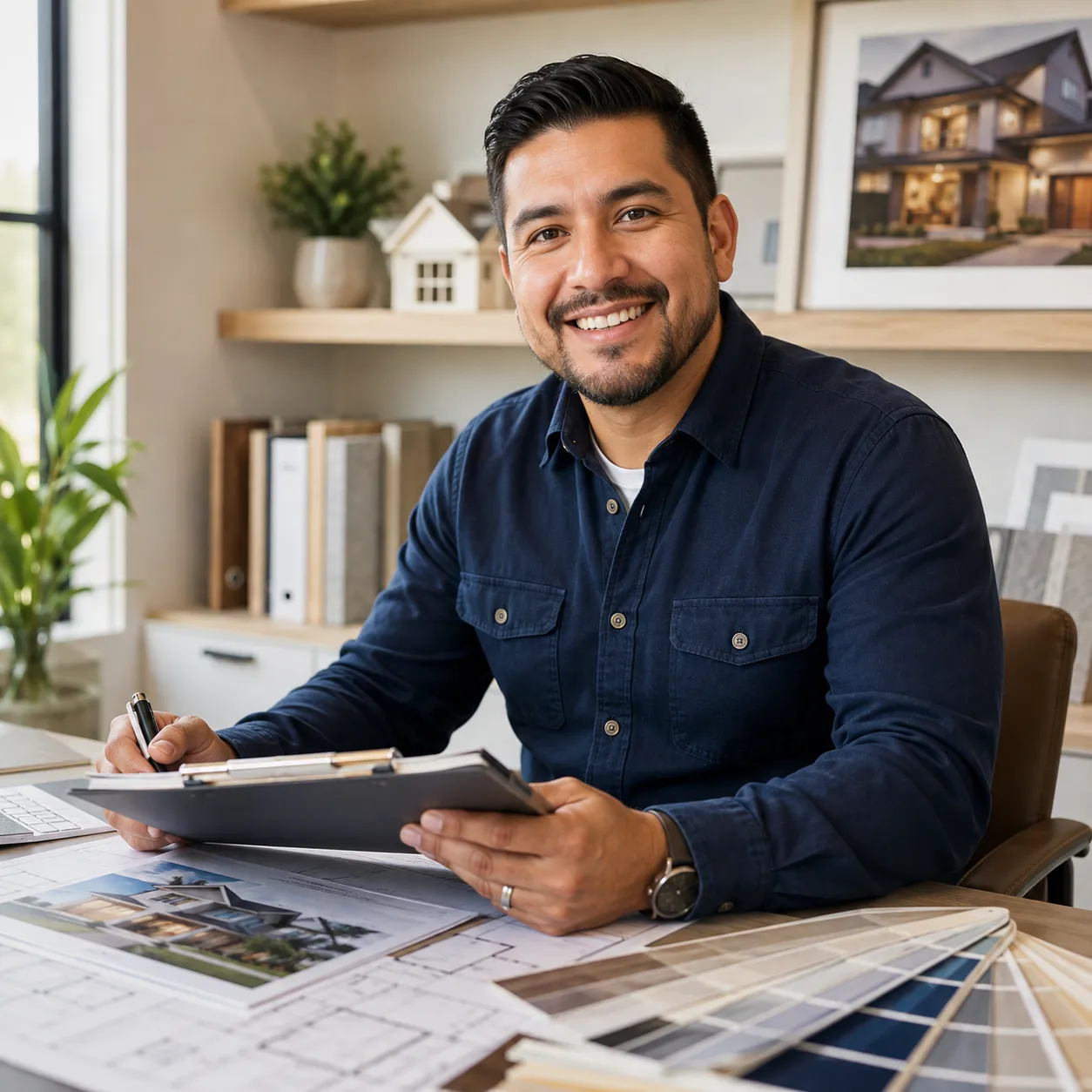 Hispanic painting and remodeling professional reviewing project plans and color samples at a desk, representing experience, craftsmanship, and dependable service.