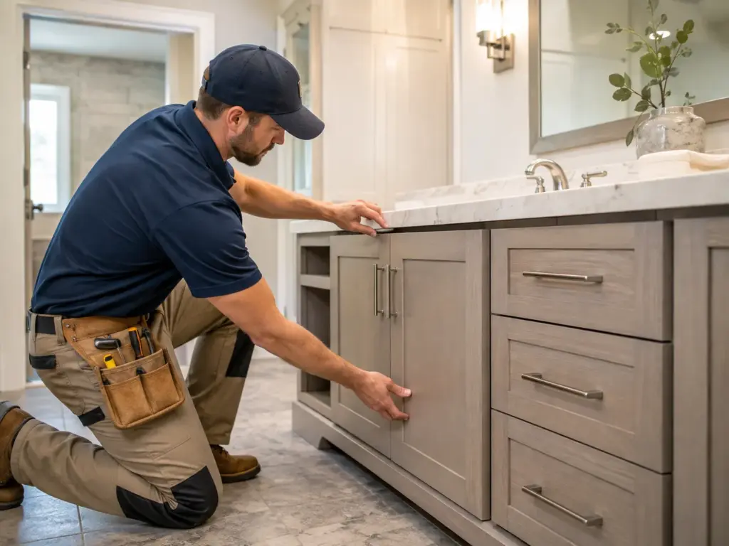 Professional installer aligning and fitting a modern bathroom vanity cabinet beneath a stone countertop.