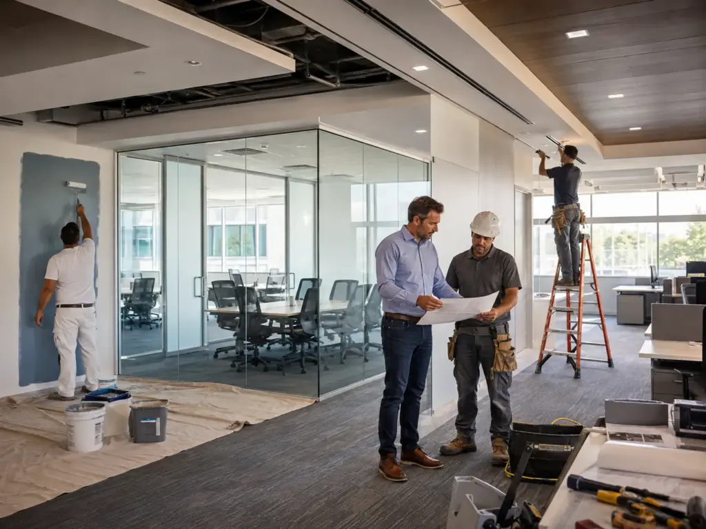 Commercial renovation crew painting, installing finishes, and reviewing plans during a modern office remodel.
