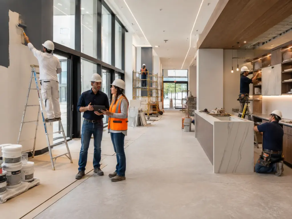 Professional construction team completing painting, cabinetry, and interior upgrades during a large-scale commercial renovation.