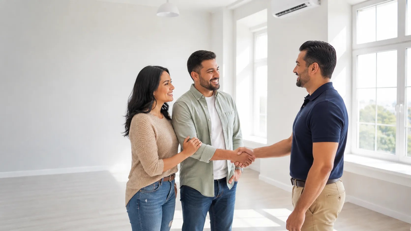 Hispanic homeowner shaking hands with a painting professional while his partner smiles beside him in a bright renovated interior.