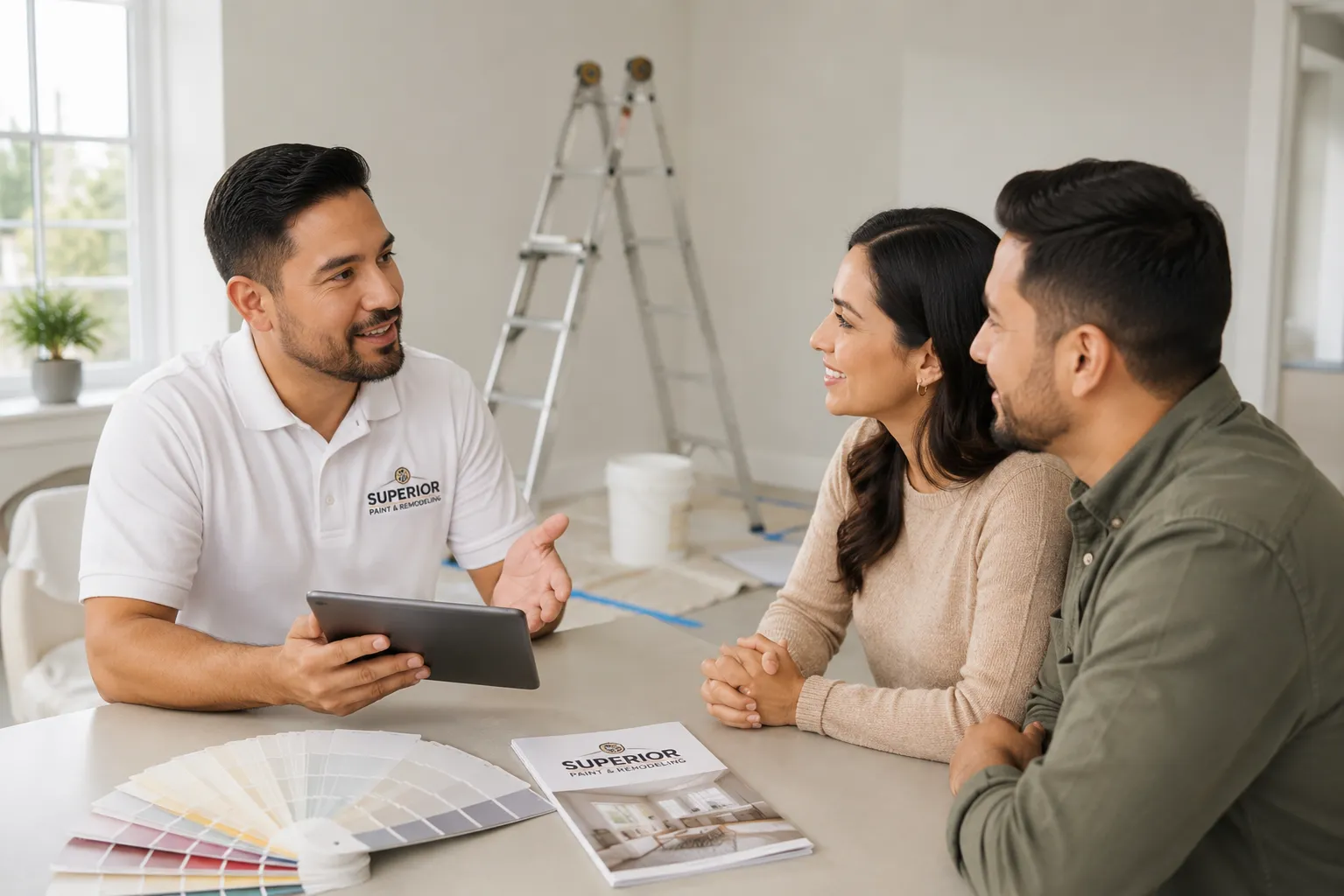 Hispanic couple meeting with a professional painting contractor who answers questions using a tablet during an in-home consultation, with paint samples and renovation equipment nearby.