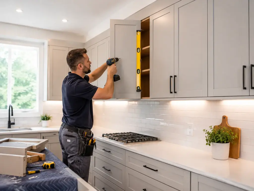 Professional installer leveling and securing modern kitchen cabinets with a drill and spirit level during a residential remodel.