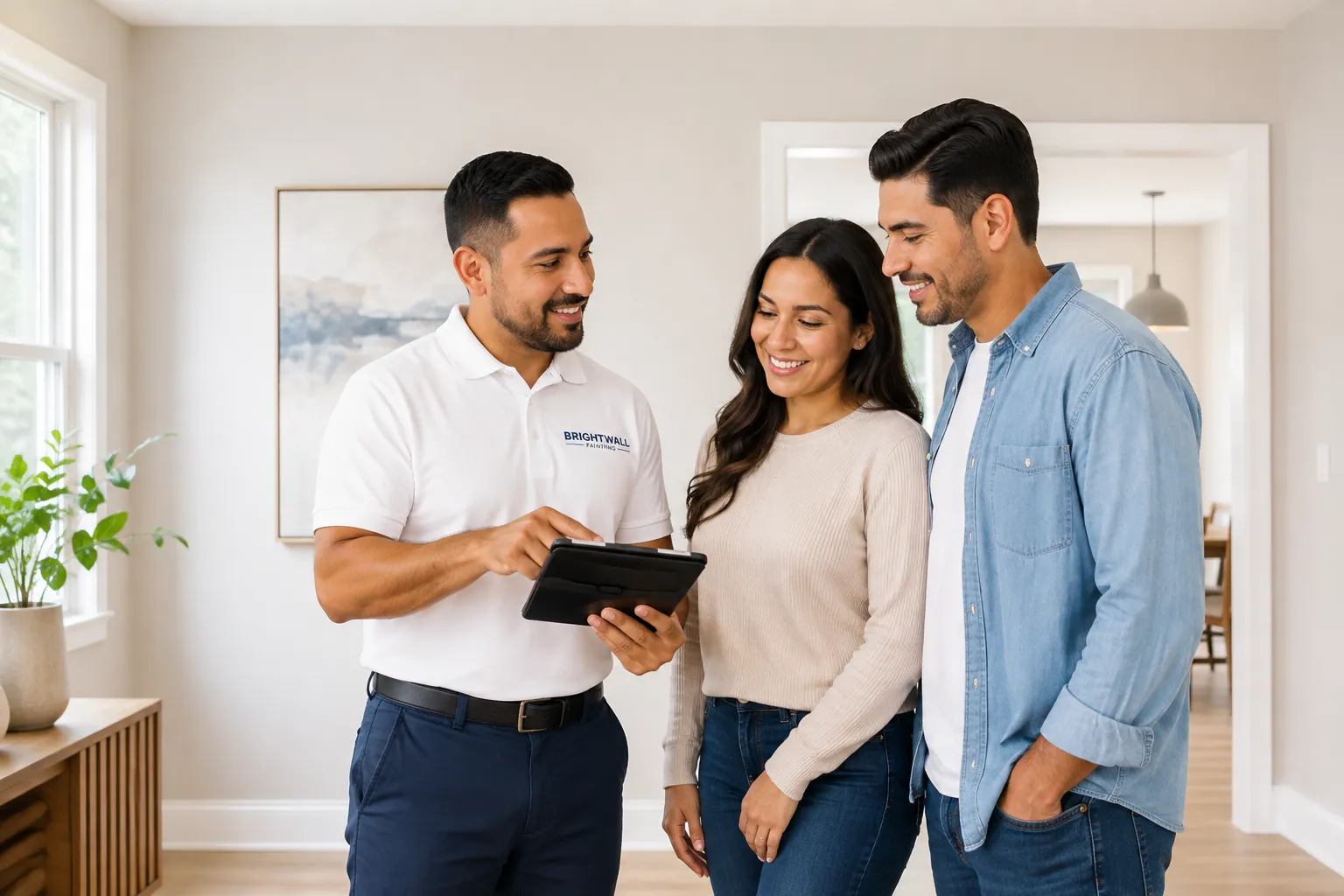 Hispanic painting contractor reviewing the completed project on a tablet with a smiling Hispanic couple during the final walkthrough.