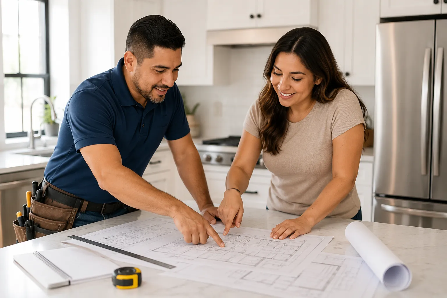 Hispanic contractor and homeowner reviewing renovation plans together on a kitchen counter before work begins.