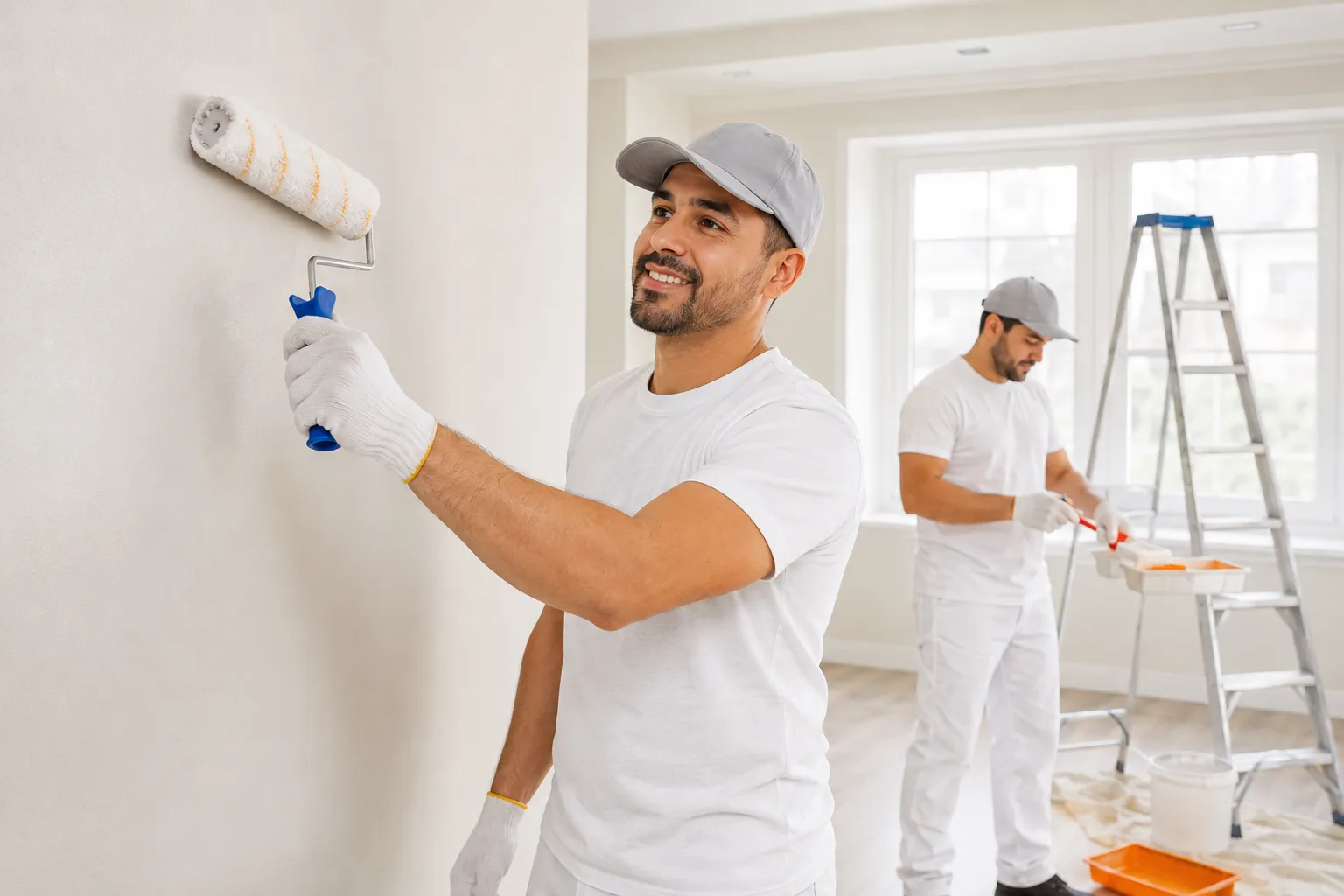 Two Hispanic painters professionally painting the interior walls of a bright residential space.
