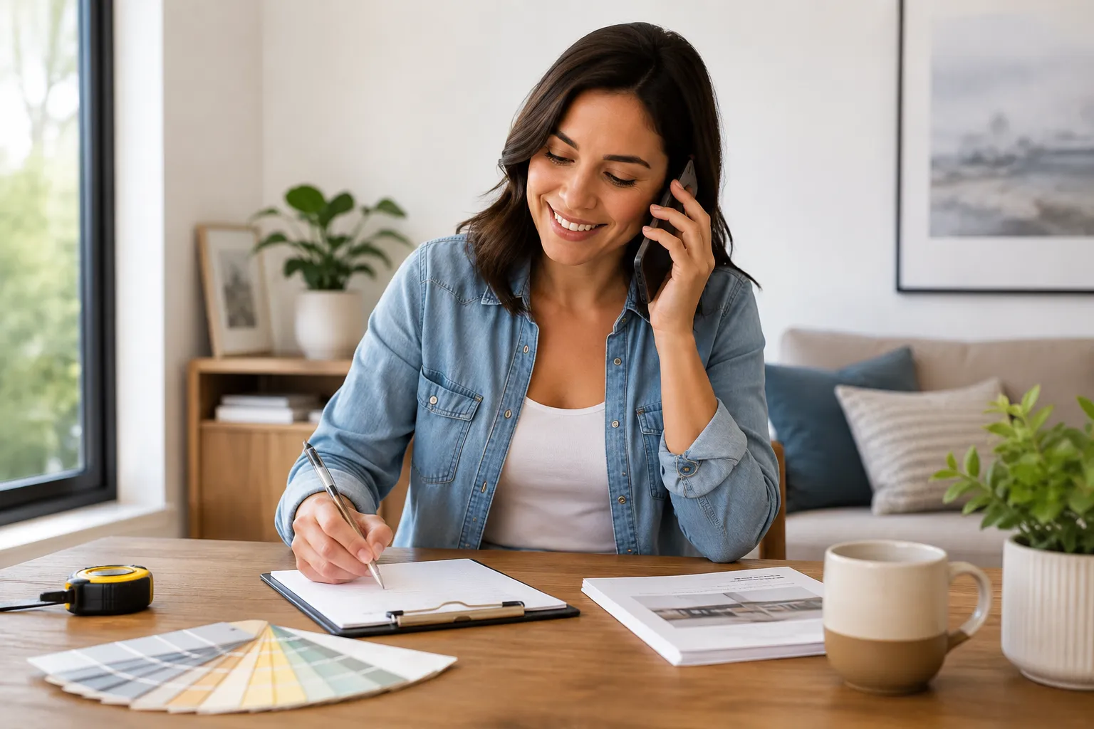 Hispanic woman speaking on the phone while taking notes at a table with paint samples and project materials in a bright home.