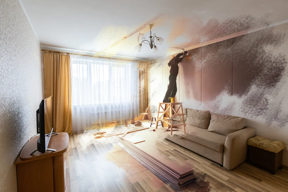 A creative before-and-after blend of a living room renovation, showcasing Superior Paint & Remodeling LLC's transition from drywall and construction to a beautifully finished space in Kansas City