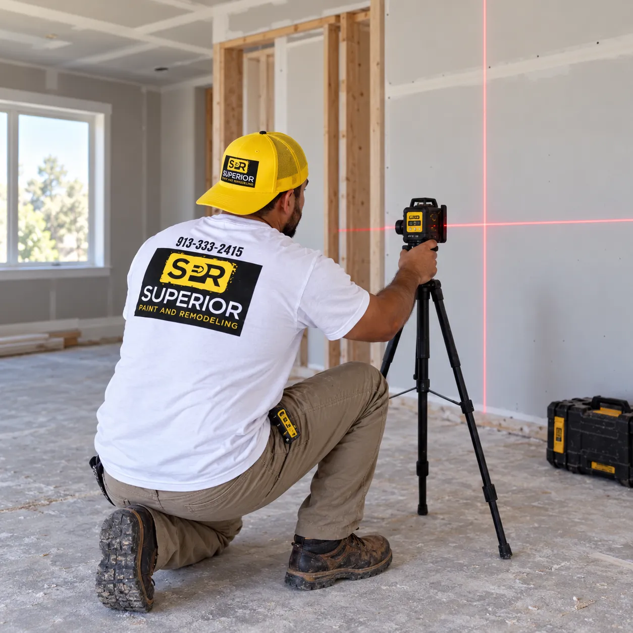 Superior Paint and Remodeling contractor using a laser level to align drywall during an interior renovation.